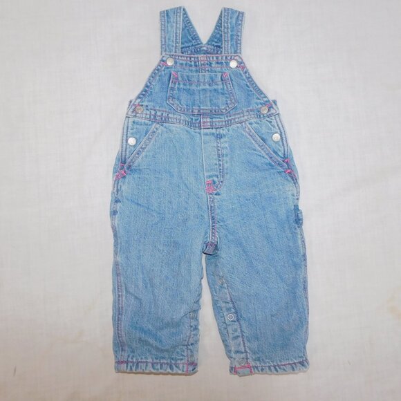 The Childrens Place Girl 6-9 Months Denim Pink Fleece Lined Carpenter Overalls - Picture 2 of 10